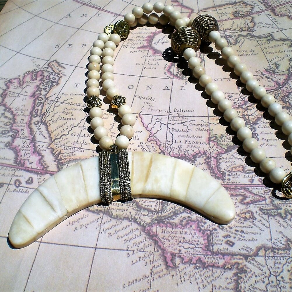 Ox Bone Crescent Pendant Necklace